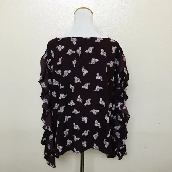 1.State Women's Paisley Petals Ruffle Slit Sleeve Top Crepe Blouse XXL Bateau - Picture 5 of 8